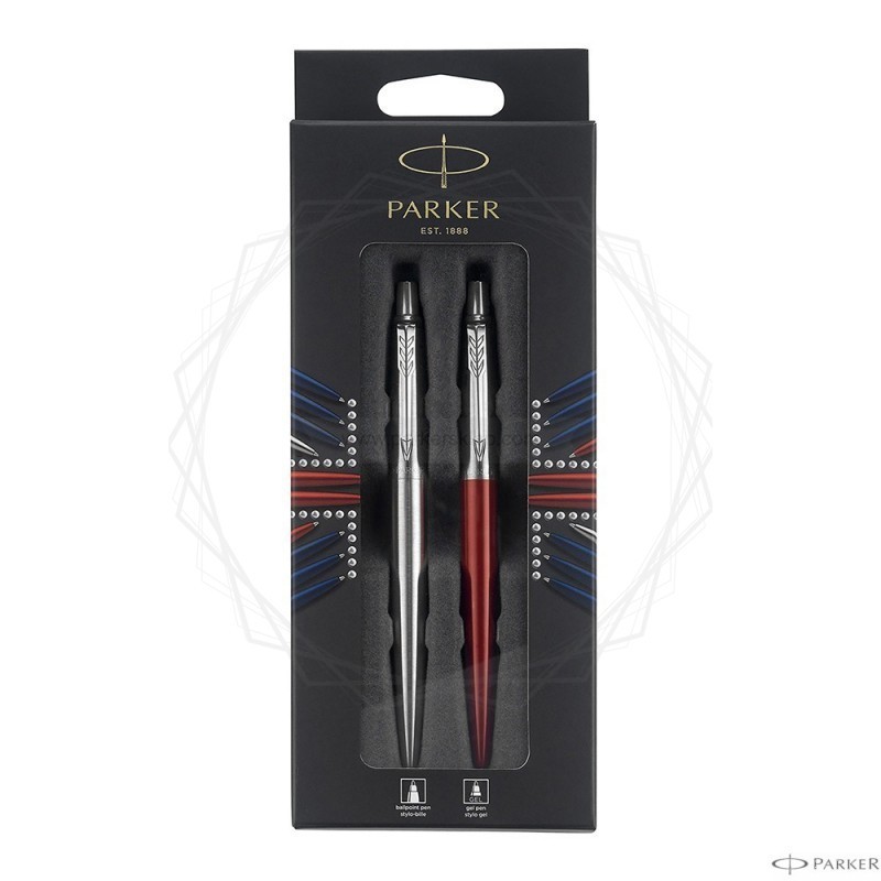 Zestaw długopisów Parker Jotter czerwony + stalowy [2033152]  