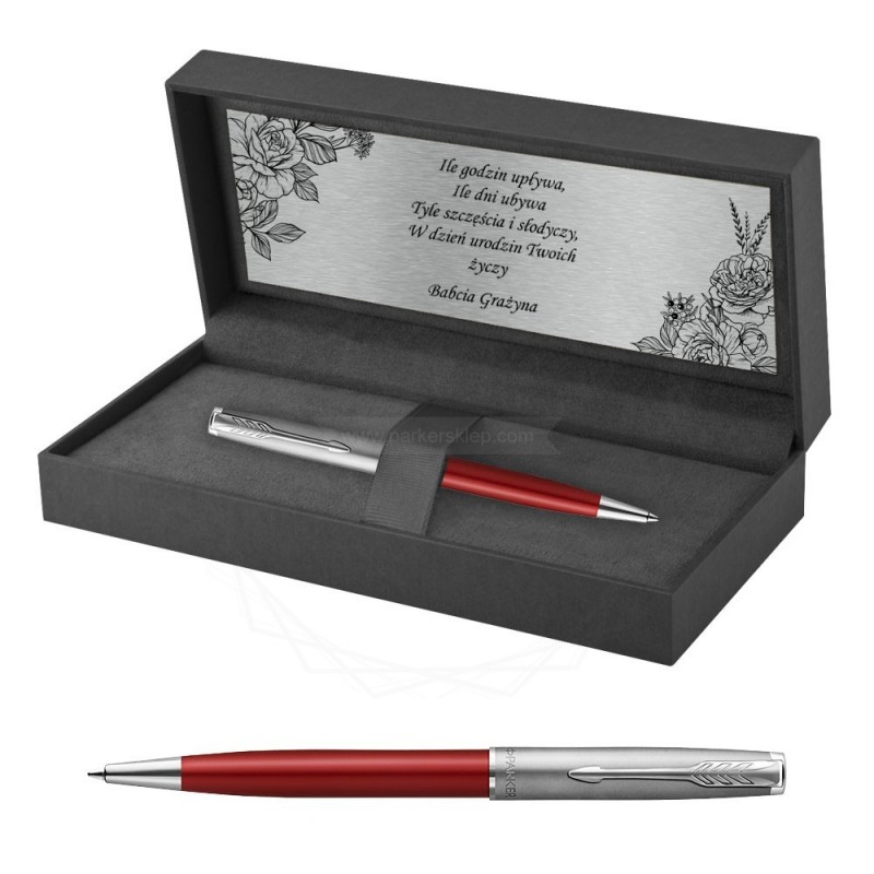 Długopis Parker Sonnet Sand Blasted Metal Czerwony w Pudełku z Grawerem [2146851/1]  