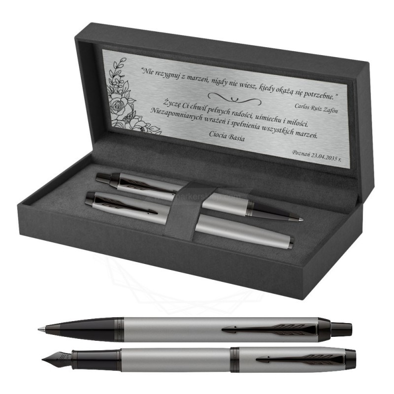 Długopis i Pioro Parker IM Achromatic Srebrny w Pudełku z Grawerem [2127752/2]  